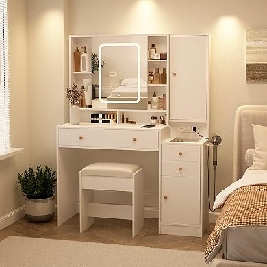 Vabches Makeup Vanity Desk with LED Mirror, Charging Station, Jewelry Storage & 3 Drawers