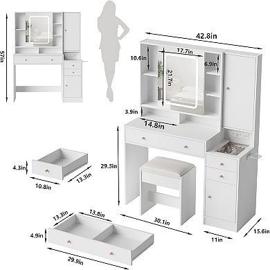 Vabches Makeup Vanity Desk with LED Mirror, Charging Station, Jewelry Storage & 3 Drawers