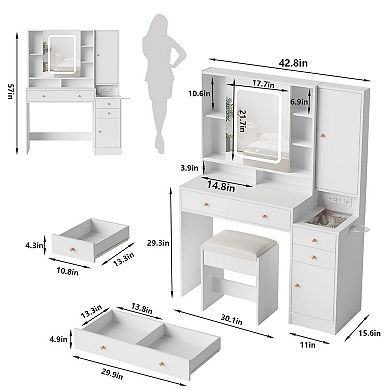 Makeup Vanity Desk with Mirror and Lights,Vanity Table with Charging Station & Stool for Bedroom