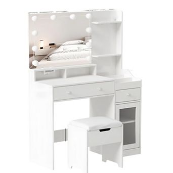 Makeup Vanity with Lighted Mirror & Stool, Dressing Table with Charging Station, 3 Storage Drawers