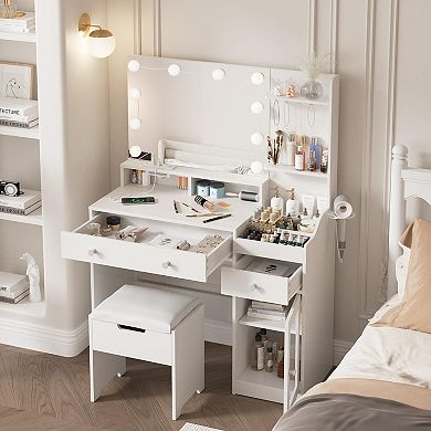 Makeup Vanity with Lighted Mirror & Stool, Dressing Table with Charging Station, 3 Storage Drawers