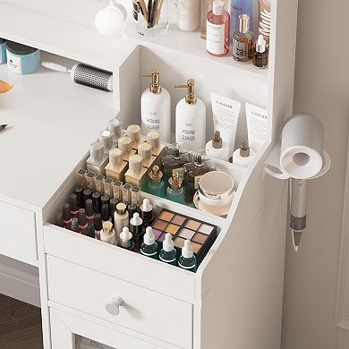 Makeup Vanity with Lighted Mirror & Stool, Dressing Table with Charging Station, 3 Storage Drawers