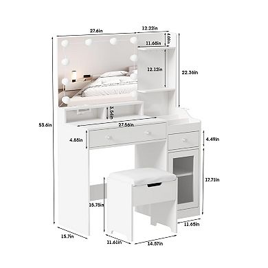Makeup Vanity with Lighted Mirror & Stool, Dressing Table with Charging Station, 3 Storage Drawers
