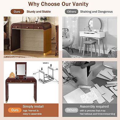 Whisen Classic Wood Flip Mirror Vanity 3-in-1, 2 Drawers & Storage