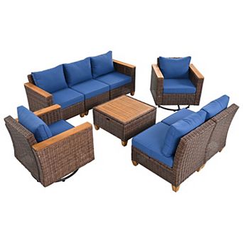 Whisen 8 pc Rattan Patio Set 2 Swivel Rockers, Acacia Table, Couch & Cushions