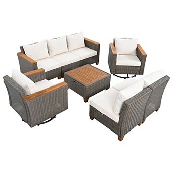 Whisen 8 pc Rattan Patio Set 2 Swivel Rockers, Acacia Table, Couch & Cushions