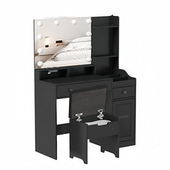 Makeup Vanity with Lighted Mirror & Stool, Dressing Table with Charging Station, 3 Storage Drawers