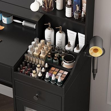 Makeup Vanity with Lighted Mirror & Stool, Dressing Table with Charging Station, 3 Storage Drawers
