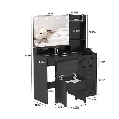 Makeup Vanity with Lighted Mirror & Stool, Dressing Table with Charging Station, 3 Storage Drawers