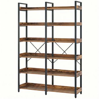 Whisen 6 tier Industrial Wooden Bookshelf with Open Shelves and Metal Frame