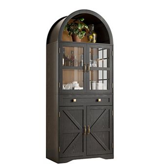 68.5"H Arched Kitchen Pantry Cabinet, Storage Cabinet with Tempered Glass Doors & Drawer for Home