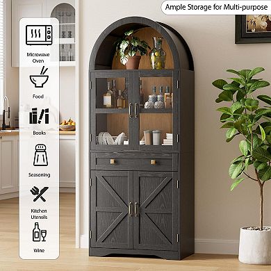 68.5"H Arched Kitchen Pantry Cabinet, Storage Cabinet with Tempered Glass Doors & Drawer for Home