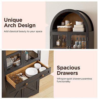 68.5"H Arched Kitchen Pantry Cabinet, Storage Cabinet with Tempered Glass Doors & Drawer for Home