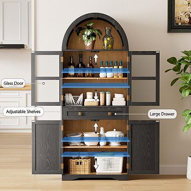 68.5"H Arched Kitchen Pantry Cabinet, Storage Cabinet with Tempered Glass Doors & Drawer for Home