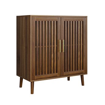 Farmhouse Walnut Storage Cabinet With Louvered Doors