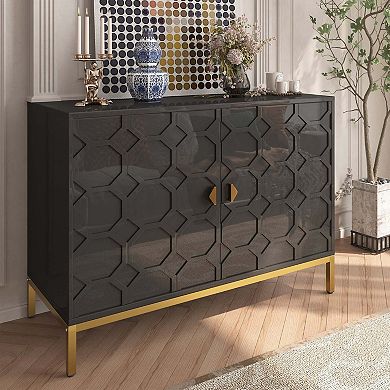 2-Door Accent Cabinet TV Stand Modern Sideboard with Adjustable Shelf Honeycomb Design