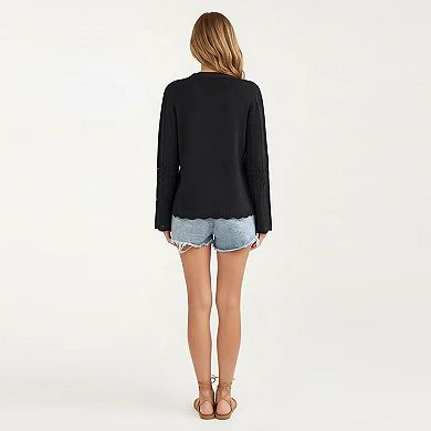 Women's Long Sleeve Knit Cardigan Top with Tie Front V Neck Pointelle Pattern Lightweight Fabric