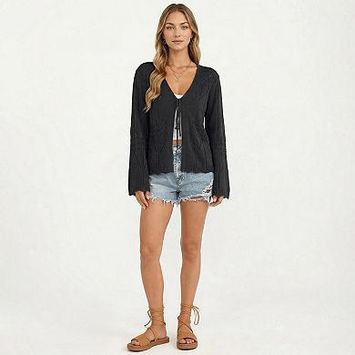 Women's Long Sleeve Knit Cardigan Top with Tie Front V Neck Pointelle Pattern Lightweight Fabric