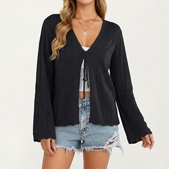 Women's Long Sleeve Knit Cardigan Top with Tie Front V Neck Pointelle Pattern Lightweight Fabric