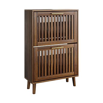 Storage Cabinet Modern Walnut Shoe Cabinet with 2 Flip Drawers and Fence Design