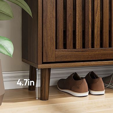 Storage Cabinet Modern Walnut Shoe Cabinet with 2 Flip Drawers and Fence Design