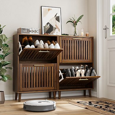 Storage Cabinet Modern Walnut Shoe Cabinet with 2 Flip Drawers and Fence Design
