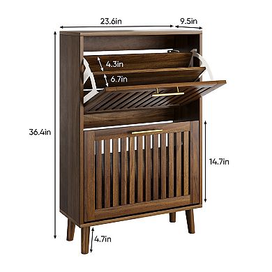 Storage Cabinet Modern Walnut Shoe Cabinet with 2 Flip Drawers and Fence Design