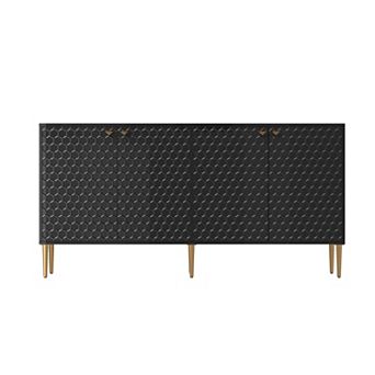 63 in 4-Door Accent Storage Cabinet Modern Sideboard with Honeycomb Doors Gold Metal Legs