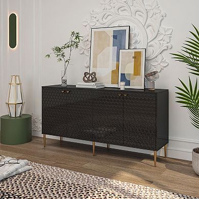 63 in. 4-Door Accent Storage Cabinet Modern Sideboard with Honeycomb Doors Gold Metal Legs