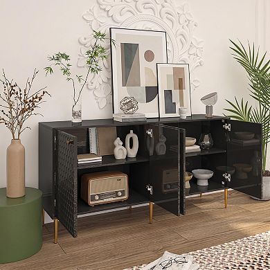 63 in. 4-Door Accent Storage Cabinet Modern Sideboard with Honeycomb Doors Gold Metal Legs
