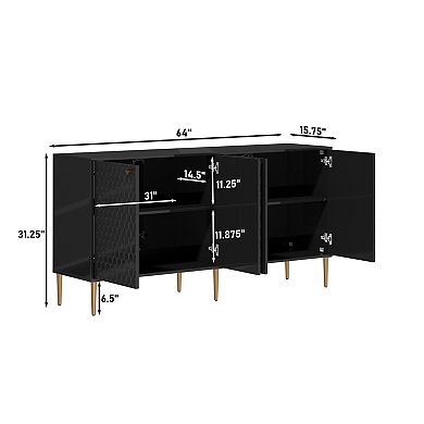 63 in. 4-Door Accent Storage Cabinet Modern Sideboard with Honeycomb Doors Gold Metal Legs