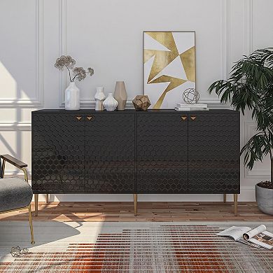 63 in. 4-Door Accent Storage Cabinet Modern Sideboard with Honeycomb Doors Gold Metal Legs