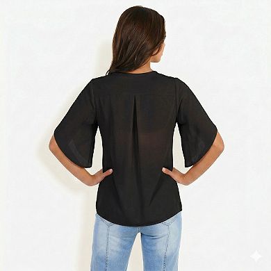 Women's Short Sleeve Blouse with V Neck Layered Flutter Sleeves Lightweight Chiffon Fabric Top
