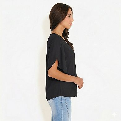 Women's Short Sleeve Blouse with V Neck Layered Flutter Sleeves Lightweight Chiffon Fabric Top