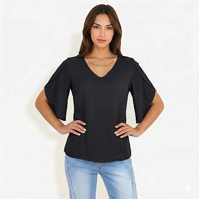 Women's Short Sleeve Blouse with V Neck Layered Flutter Sleeves Lightweight Chiffon Fabric Top