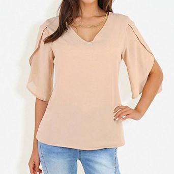 Women's Short Sleeve Blouse with V Neck Layered Flutter Sleeves Lightweight Chiffon Fabric Top