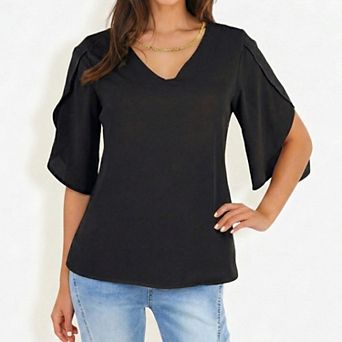 Women's Short Sleeve Blouse with V Neck Layered Flutter Sleeves Lightweight Chiffon Fabric Top