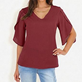 Women's Short Sleeve Blouse with V Neck Layered Flutter Sleeves Lightweight Chiffon Fabric Top