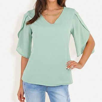 Women's Short Sleeve Blouse with V Neck Layered Flutter Sleeves Lightweight Chiffon Fabric Top
