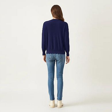 Women's Long Sleeve Button Front Cardigan with Scalloped Edge Crew Neck Lightweight Knit Soft Fabric