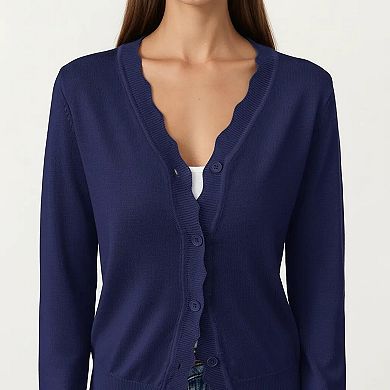 Women's Long Sleeve Button Front Cardigan with Scalloped Edge Crew Neck Lightweight Knit Soft Fabric