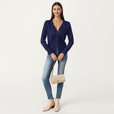 Women's Long Sleeve Button Front Cardigan with Scalloped Edge Crew Neck Lightweight Knit Soft Fabric