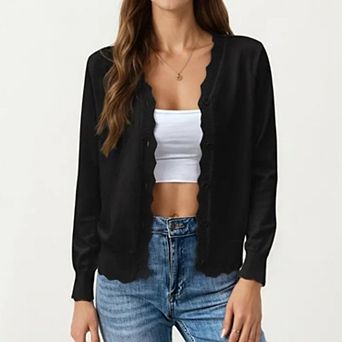 Women's Long Sleeve Button Front Cardigan with Scalloped Edge Crew Neck Lightweight Knit Soft Fabric