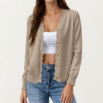 Women's Long Sleeve Button Front Cardigan with Scalloped Edge Crew Neck Lightweight Knit Soft Fabric