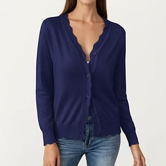 Women's Long Sleeve Button Front Cardigan with Scalloped Edge Crew Neck Lightweight Knit Soft Fabric