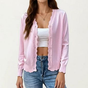 Women's Long Sleeve Button Front Cardigan with Scalloped Edge Crew Neck Lightweight Knit Soft Fabric