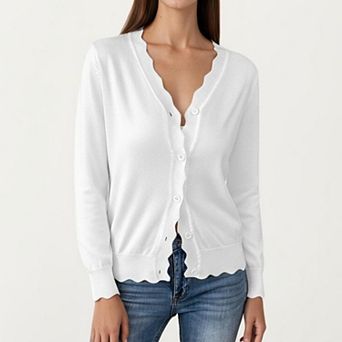 Women's Long Sleeve Button Front Cardigan with Scalloped Edge Crew Neck Lightweight Knit Soft Fabric