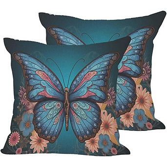 Blue Butterfly Throw Pillow Covers Set of 2 Polyester Linen Decorative Cushion Covers