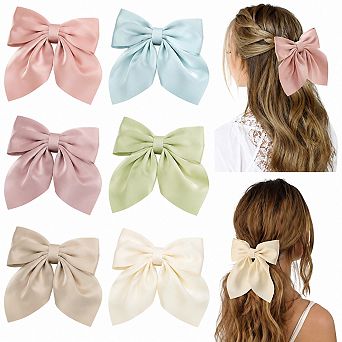 Live2Pedal 6 pc Silky Satin Hair Bow Clips Neutral Colors Cute Accessories