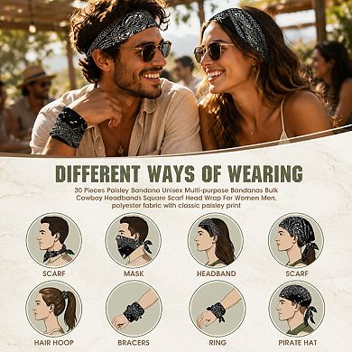 Live2Pedal 30 Pieces Paisley Bandanas Unisex Multi-purpose Cowboy Headbands Square Scarf Head Wrap